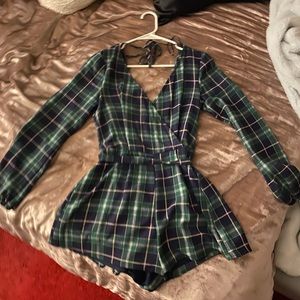 Green/navy Plaid Romper